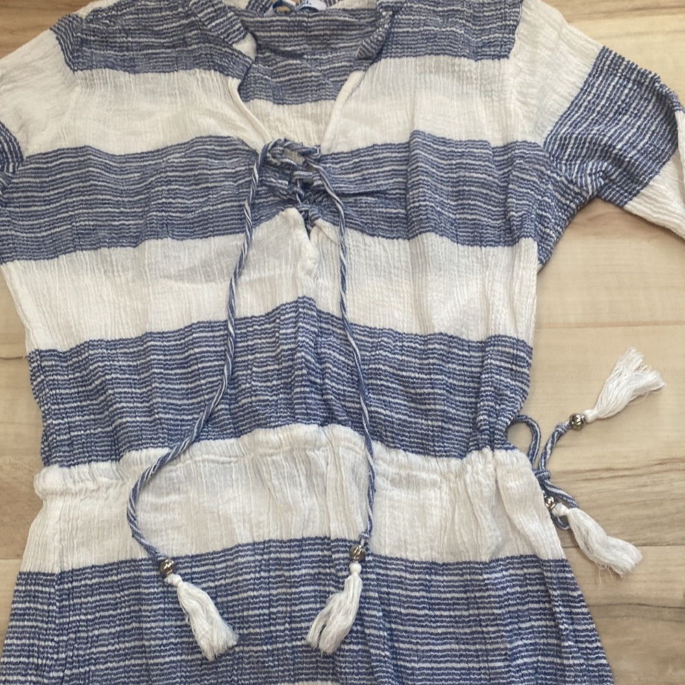 Blue Island Womens L Boho Fringe Long Sleeve Top. Blue and White stripes. - Picture 10 of 12